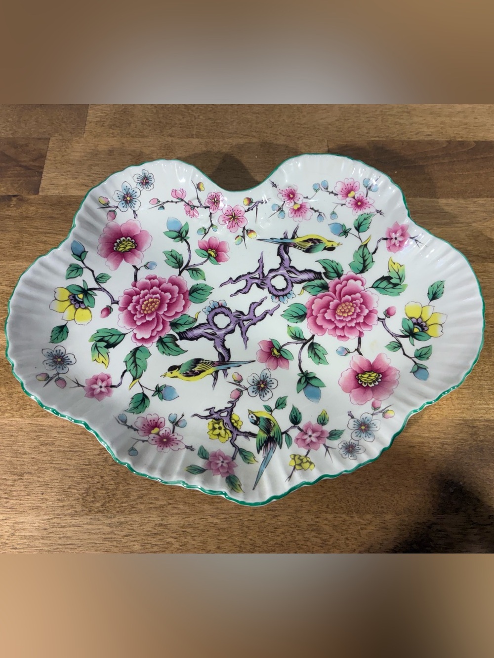 James Kent Old Foley Chinese Rose Shaped Dish Birds Floral Green Trim